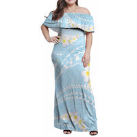 Polynesian Vintage Floral Family Matching Off Shoulder Maxi Dress and Hawaiian Shirt Azure Motifs LT7 Mom's Dress Azure - Polynesian Pride