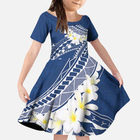 Polynesian Vintage Floral Family Matching Off The Shoulder Long Sleeve Dress and Hawaiian Shirt Navy Blue Motifs LT7 Daughter's Dress Navy Blue - Polynesian Pride