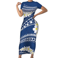 Polynesian Vintage Floral Short Sleeve Bodycon Dress Navy Blue Motifs LT7 Long Dress Navy Blue - Polynesian Pride