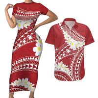 Polynesian Vintage Floral Couples Matching Short Sleeve Bodycon Dress and Hawaiian Shirt Scarlet Motifs LT7 Scarlet - Polynesian Pride