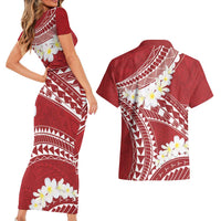 Polynesian Vintage Floral Couples Matching Short Sleeve Bodycon Dress and Hawaiian Shirt Scarlet Motifs LT7 - Polynesian Pride