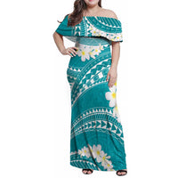 Polynesian Vintage Floral Family Matching Off Shoulder Maxi Dress and Hawaiian Shirt Teal Motifs LT7 Mom's Dress Teal - Polynesian Pride