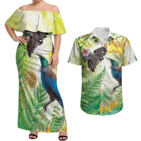 New Zealand Maori Mahuru Couples Matching Off Shoulder Maxi Dress and Hawaiian Shirt Tui With Pikawakawa Spring Colors LT7 Multicolor - Polynesian Pride