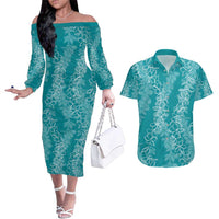 Hawaii Plumeria Lei Couples Matching Off The Shoulder Long Sleeve Dress and Hawaiian Shirt Aloha Festive Vibe - Teal LT7 Teal - Polynesian Pride