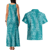 Hawaii Plumeria Lei Couples Matching Tank Maxi Dress and Hawaiian Shirt Aloha Festive Vibe - Teal