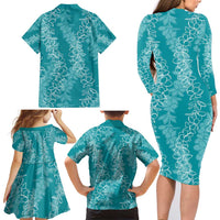 Hawaii Plumeria Lei Family Matching Long Sleeve Bodycon Dress and Hawaiian Shirt Aloha Festive Vibe - Teal LT7 - Polynesian Pride