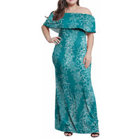 Hawaii Plumeria Lei Family Matching Off Shoulder Maxi Dress and Hawaiian Shirt Aloha Festive Vibe - Teal LT7 Mom's Dress Teal - Polynesian Pride