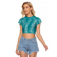 Hawaii Plumeria Lei Raglan Cropped T Shirt Aloha Festive Vibe - Teal