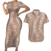 Hawaii Plumeria Lei Couples Matching Short Sleeve Bodycon Dress and Hawaiian Shirt Aloha Festive Vibe - Beige LT7 Beige - Polynesian Pride