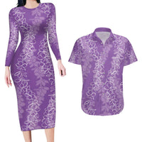 Hawaii Plumeria Lei Couples Matching Long Sleeve Bodycon Dress and Hawaiian Shirt Aloha Festive Vibe - Violet LT7 Violet - Polynesian Pride