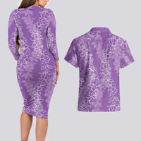 Hawaii Plumeria Lei Couples Matching Long Sleeve Bodycon Dress and Hawaiian Shirt Aloha Festive Vibe - Violet LT7 - Polynesian Pride