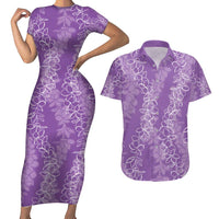 Hawaii Plumeria Lei Couples Matching Short Sleeve Bodycon Dress and Hawaiian Shirt Aloha Festive Vibe - Violet LT7 Violet - Polynesian Pride