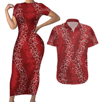 Hawaii Plumeria Lei Couples Matching Short Sleeve Bodycon Dress and Hawaiian Shirt Aloha Festive Vibe - Crimson LT7 Crimson - Polynesian Pride