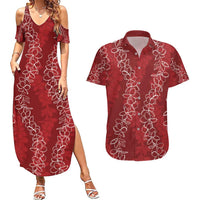 Hawaii Plumeria Lei Couples Matching Summer Maxi Dress and Hawaiian Shirt Aloha Festive Vibe - Crimson