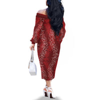 Hawaii Plumeria Lei Family Matching Off The Shoulder Long Sleeve Dress and Hawaiian Shirt Aloha Festive Vibe - Crimson LT7 - Polynesian Pride