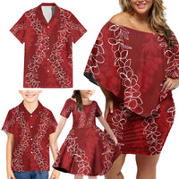 Hawaii Plumeria Lei Family Matching Off Shoulder Short Dress and Hawaiian Shirt Aloha Festive Vibe - Crimson LT7 - Polynesian Pride