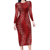 Hawaii Plumeria Lei Long Sleeve Bodycon Dress Aloha Festive Vibe - Crimson LT7 Long Dress Crimson - Polynesian Pride