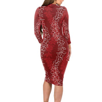 Hawaii Plumeria Lei Long Sleeve Bodycon Dress Aloha Festive Vibe - Crimson LT7 - Polynesian Pride