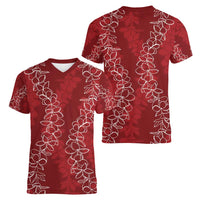 Hawaii Plumeria Lei Women V-Neck T-Shirt Aloha Festive Vibe - Crimson