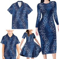 Hawaii Plumeria Lei Family Matching Long Sleeve Bodycon Dress and Hawaiian Shirt Aloha Festive Vibe - Navy Blue LT7 - Polynesian Pride