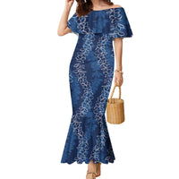 Hawaii Plumeria Lei Family Matching Mermaid Dress and Hawaiian Shirt Aloha Festive Vibe - Navy Blue LT7 Mom's Dress Navy Blue - Polynesian Pride