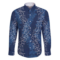 Hawaii Plumeria Lei Family Matching Off Shoulder Short Dress and Hawaiian Shirt Aloha Festive Vibe - Navy Blue LT7 Dad's Shirt - Long Sleeve Navy Blue - Polynesian Pride