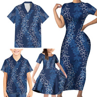Hawaii Plumeria Lei Family Matching Short Sleeve Bodycon Dress and Hawaiian Shirt Aloha Festive Vibe - Navy Blue LT7 - Polynesian Pride