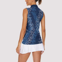 Hawaii Plumeria Lei Women Sleeveless Polo Shirt Aloha Festive Vibe - Navy Blue