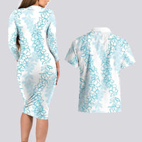 Hawaii Plumeria Lei Couples Matching Long Sleeve Bodycon Dress and Hawaiian Shirt Aloha Festive Vibe - Turquoise LT7 - Polynesian Pride