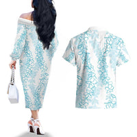 Hawaii Plumeria Lei Couples Matching Off The Shoulder Long Sleeve Dress and Hawaiian Shirt Aloha Festive Vibe - Turquoise LT7 - Polynesian Pride