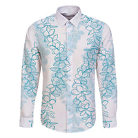 Hawaii Plumeria Lei Family Matching Off The Shoulder Long Sleeve Dress and Hawaiian Shirt Aloha Festive Vibe - Turquoise LT7 Dad's Shirt - Long Sleeve Turquoise - Polynesian Pride
