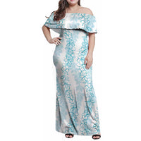 Hawaii Plumeria Lei Family Matching Off Shoulder Maxi Dress and Hawaiian Shirt Aloha Festive Vibe - Turquoise LT7 Mom's Dress Turquoise - Polynesian Pride