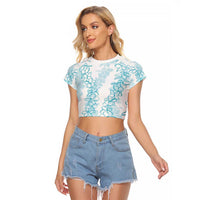 Hawaii Plumeria Lei Raglan Cropped T Shirt Aloha Festive Vibe - Turquoise