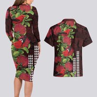 Hawaii Mele Kalikimaka Kakau Couples Matching Long Sleeve Bodycon Dress and Hawaiian Shirt I'iwi Bird on Ohia Lehua LT7 - Polynesian Pride
