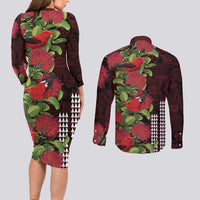 Hawaii Mele Kalikimaka Kakau Couples Matching Long Sleeve Bodycon Dress and Long Sleeve Button Shirt I'iwi Bird on Ohia Lehua LT7 - Polynesian Pride