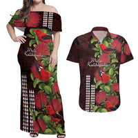 Hawaii Mele Kalikimaka Kakau Couples Matching Off Shoulder Maxi Dress and Hawaiian Shirt I'iwi Bird on Ohia Lehua LT7 Black Red - Polynesian Pride