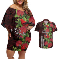 Hawaii Mele Kalikimaka Kakau Couples Matching Off Shoulder Short Dress and Hawaiian Shirt I'iwi Bird on Ohia Lehua LT7 Black Red - Polynesian Pride