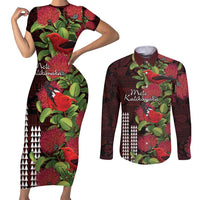 Hawaii Mele Kalikimaka Kakau Couples Matching Short Sleeve Bodycon Dress and Long Sleeve Button Shirt I'iwi Bird on Ohia Lehua LT7 Black Red - Polynesian Pride