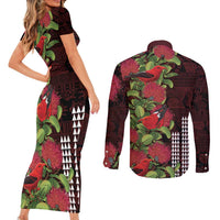 Hawaii Mele Kalikimaka Kakau Couples Matching Short Sleeve Bodycon Dress and Long Sleeve Button Shirt I'iwi Bird on Ohia Lehua LT7 - Polynesian Pride