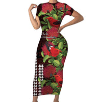 Hawaii Mele Kalikimaka Kakau Family Matching Short Sleeve Bodycon Dress and Hawaiian Shirt I'iwi Bird on Ohia Lehua LT7 Mom's Dress Black Red - Polynesian Pride
