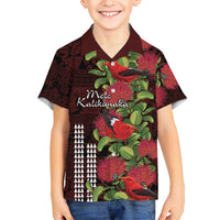 Hawaii Mele Kalikimaka Kakau Kid Hawaiian Shirt I'iwi Bird on Ohia Lehua LT7 Kid Black Red - Polynesian Pride