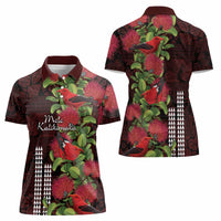 Hawaii Mele Kalikimaka Kakau Women Polo Shirt I'iwi Bird on Ohia Lehua LT7 - Polynesian Pride