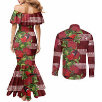 Hawaii Christmas Mele Kalikimaka Couples Matching Mermaid Dress and Long Sleeve Button Shirt I'iwi Bird on Ohia Lehua LT7 - Polynesian Pride
