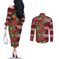 Hawaii Christmas Mele Kalikimaka Couples Matching Off The Shoulder Long Sleeve Dress and Long Sleeve Button Shirt I'iwi Bird on Ohia Lehua LT7 - Polynesian Pride