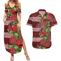 Hawaii Christmas Mele Kalikimaka Couples Matching Summer Maxi Dress and Hawaiian Shirt I'iwi Bird on Ohia Lehua LT7 Red White - Polynesian Pride
