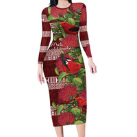Hawaii Christmas Mele Kalikimaka Family Matching Long Sleeve Bodycon Dress and Hawaiian Shirt I'iwi Bird on Ohia Lehua LT7 Mom's Dress Red White - Polynesian Pride