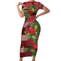 Hawaii Christmas Mele Kalikimaka Family Matching Short Sleeve Bodycon Dress and Hawaiian Shirt I'iwi Bird on Ohia Lehua LT7 Mom's Dress Red White - Polynesian Pride