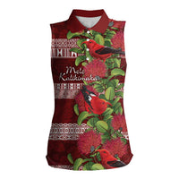 Hawaii Christmas Mele Kalikimaka Women Sleeveless Polo Shirt I'iwi Bird on Ohia Lehua LT7 Female Red White - Polynesian Pride