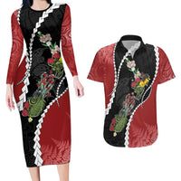 New Zealand Christmas Couples Matching Long Sleeve Bodycon Dress and Hawaiian Shirt Flora Map with Birds LT7 Black - Polynesian Pride