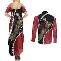 New Zealand Christmas Couples Matching Summer Maxi Dress and Long Sleeve Button Shirt Flora Map with Birds - Polynesian Pride